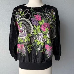 Hunt Club Vintage Black Velvet Top with Bright Floral Design